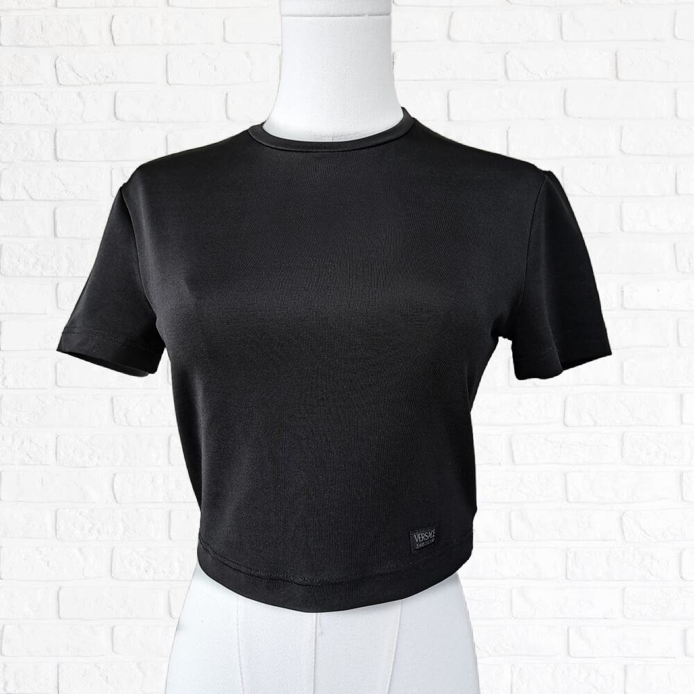 Vintage VERSACE Jeans Couture Crop Top 90s Ittierre Black Bodycon Stretch Small